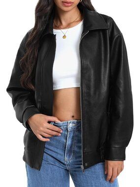 Women's Black Poly urethane Oversized Motorcycle Zipper Casual Leather Jacket